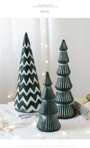 Three-piece set of Morandi green ceramic Christmas tree tabletop ornaments with white patterns