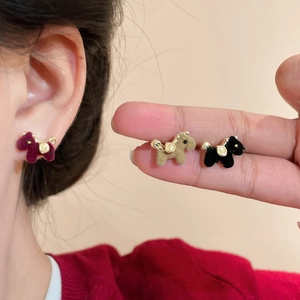 Flocking Dog Stud Earrings With Silver Earring Post Cute Poodle Shape Alloy Rhinestone Retro Jewelry For Women