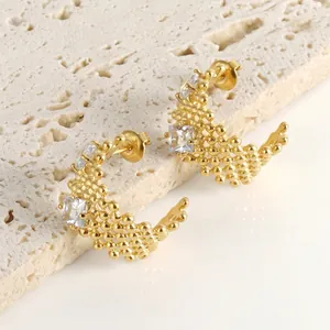 Boucles D'Oreilles Créoles Vintage En Forme De C Pour Femmes En Acier Inoxydable Plaqué Or 18K Avec Zircon Carré