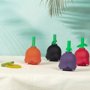 Rose shaped silicone ice mold with leaf handle in four vibrant colors for whiskey