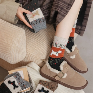 Retro ethnic wool socks with cute dog jacquard and geometric patterns for winter warmth