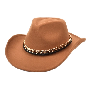 Brown wool felt jazz hat with wide brim and decorative golden chain on black band