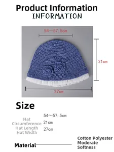 Blue crochet bucket hat featuring delicate white lace trim and handmade flower details