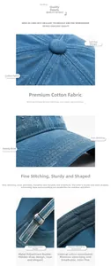 Detailed close-up of blue washed denim baseball cap stitching and metal back buckle