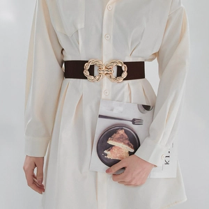 Detail of dark brown wide elastic belt with gold twisted double ring buckle on dress