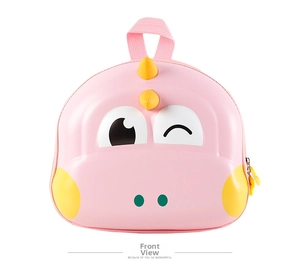 Front view of pink 3D cartoon dinosaur shell backpack for kids with yellow horn details