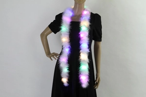 Detail of white feather boa with multi-color LED lights on a display mannequin