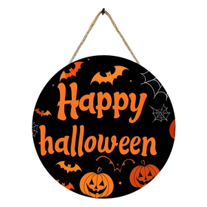 Round wooden Happy Halloween wall sign with orange text on black background and hemp rope
