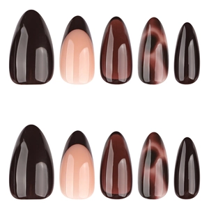 Brown tortoise almond press-on nails set with cat-eye and French tip details