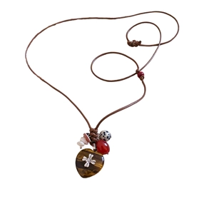Bohemian heart pendant necklace with cross inlay on long wax rope and colored beads