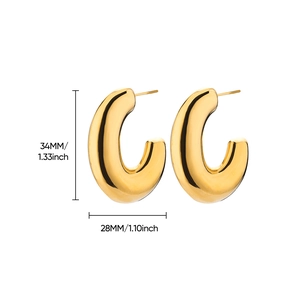 Detailed size view of chunky gold stainless steel hoop earrings with 34mm height dimensions