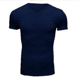 Close-up of navy blue V-neck t-shirt featuring ribbed texture and slim-fit athletic design