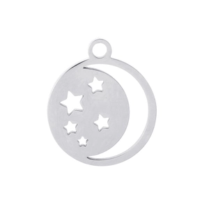 Detailed close-up of a silver stainless steel pendant with moon and stars cutout patterns