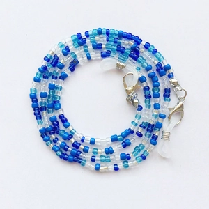 Colorful handmade beaded chain for glasses and face masks with blue and white beads