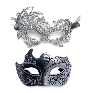Detail view of silver lace hollow mask and black silver gradient glitter masquerade mask