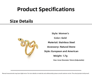 Adjustable golden stainless steel snake ring with colorful zircon inlay and 18mm inner diameter