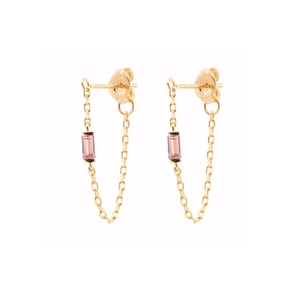 Detailed close-up of S925 sterling silver drop earrings with pink rectangular zircon stones