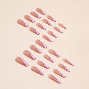 French ballerina press-on nails in nude pink and lilac purple with diagonal tip design