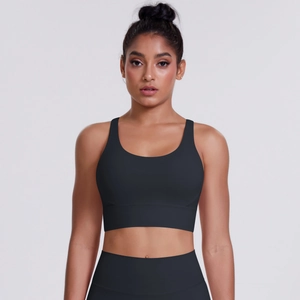 Front view of black racerback sports bra with wide elastic band and matte texture