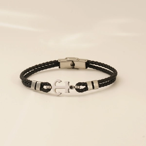 Bracelet ancre pour homme en cuir tressé noir avec fermoir en acier argenté poli