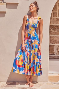 Detail of smocked chest and delicate spaghetti straps on floral print tiered maxi dress