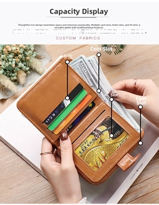 Detailed view of women's leather wallet interior showing card slots and zipper compartment