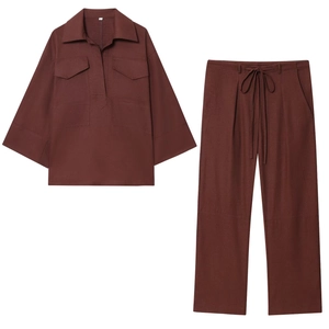 Women Shirt And Pants Polyester Lapel Collar Double Chest Pockets Drawstring Waist Casual Streetwear Loose Fit