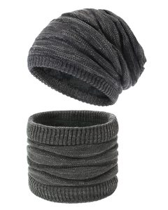 Close-up of dark grey thick knit beanie and neck warmer set with ribbed texture