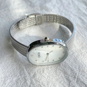 Elegant silver oval watch with mother-of-pearl dial and Milanese mesh steel strap