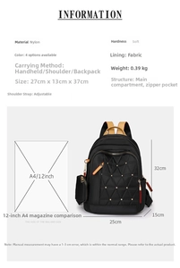 Especificaciones de tamaño para la mochila de nailon con remaches y costuras acolchadas