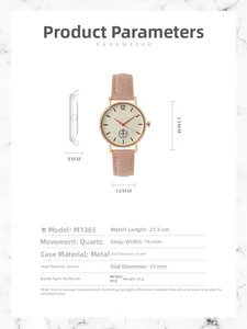 Ficha técnica detallada de reloj de cuarzo para mujer con correa de cuero color rosa