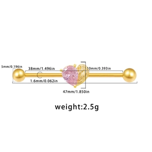 Detailed view of pink heart zircon industrial barbell piercing with specific dimensions
