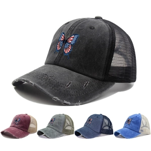 Casquette De Baseball Queue De Cheval En Coton Lavé Maille Broderie Papillon Distressed Chapeau Trucker Criss Cross Soleil