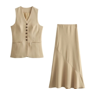 Women's Casual Khaki Woven V-Neck Waistcoat Top Or Asymmetrical Midi Skirt Bottom Separate Sale Office Fashion Wear
