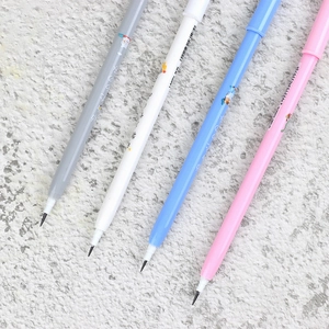 Detail shot of multi-functional plastic pencils in gray, white, blue and pink with logo
