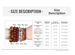 Size chart for acrylic beads ranging from 4mm to 18mm with bracelet sizing guide