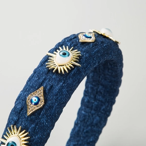 Denim sponge headband with evil eye crystal embellishments for high-top hair styling