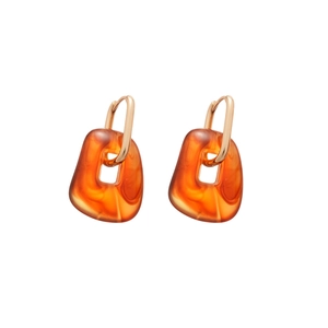 Vintage amber acrylic square pendant hoop earrings with gold metal geometric charms