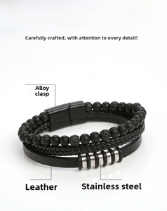 Detail view of multilayer leather bracelet with lava stones, steel rings, 21cm length