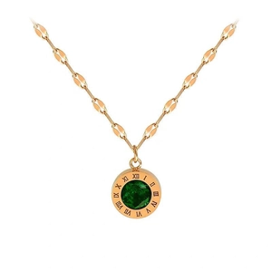 Rose gold roman numeral necklace featuring an elegant green emerald pendant on a bean chain