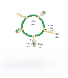 Detailed dimension guide for green bead bracelet set with golden religious charms