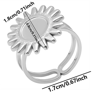 Size chart for silver sunflower ring showing the 1.8cm flower and 1.7cm adjustable opening