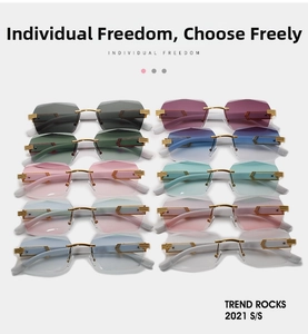 Detailed grid showing ten pairs of rimless sunglasses in various gradient ocean lens colors
