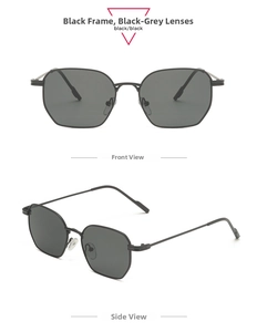 Front and side view of hexagonal large frame sunglasses with black lenses and metal temples