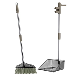 Standing broom and transparent dustpan set with stainless steel handles for home cleaning