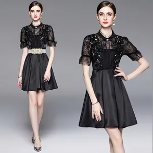 Elegant Black Lace Splicing Sequin Party Dress High Waist A-Line Satin Evening Gown Short Sleeve Stand Collar Bow Women