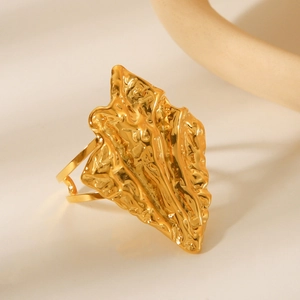 Golden geometric hammered stainless steel open ring with irregular lava texture for women
