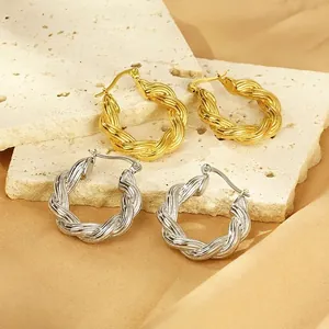 French Retro Twisted Rope Hoop Earrings Stainless Steel U Shape Textured Minimalist Elegant Jewelry For Women