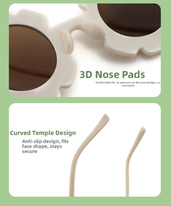 Detail of flower shaped kids sunglasses showing ergonomic nose pads and curved temples