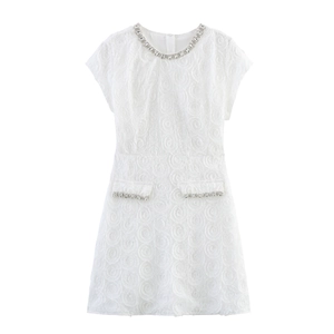 Robe Courte Femme Blanche Élégante Col Rond Manches Courtes Texture Rose Garniture Strass Bodycon Style Français